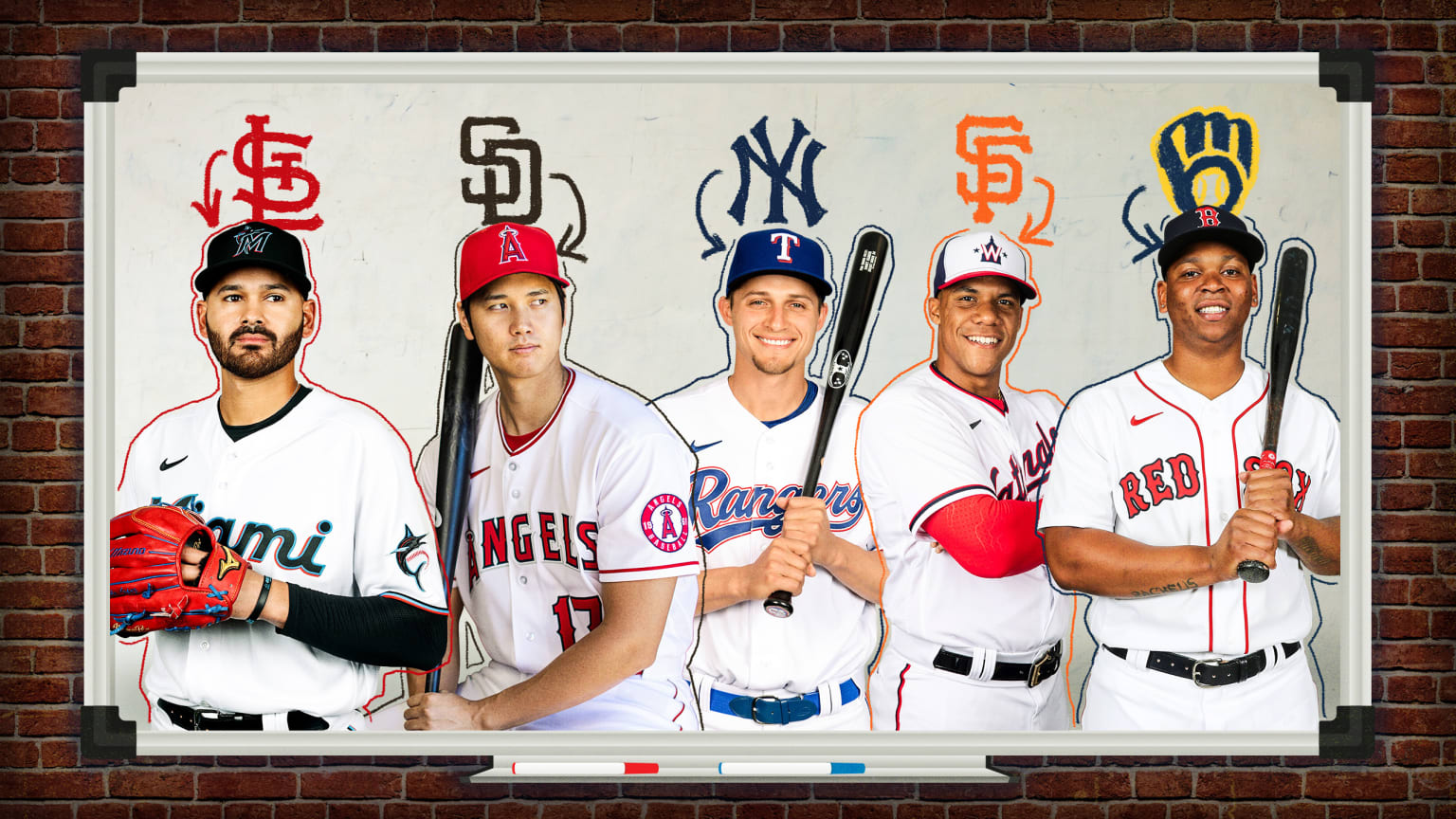 Five players in baseball uniforms in portrait poses, with different team logos above their heads and arrows pointing to each player