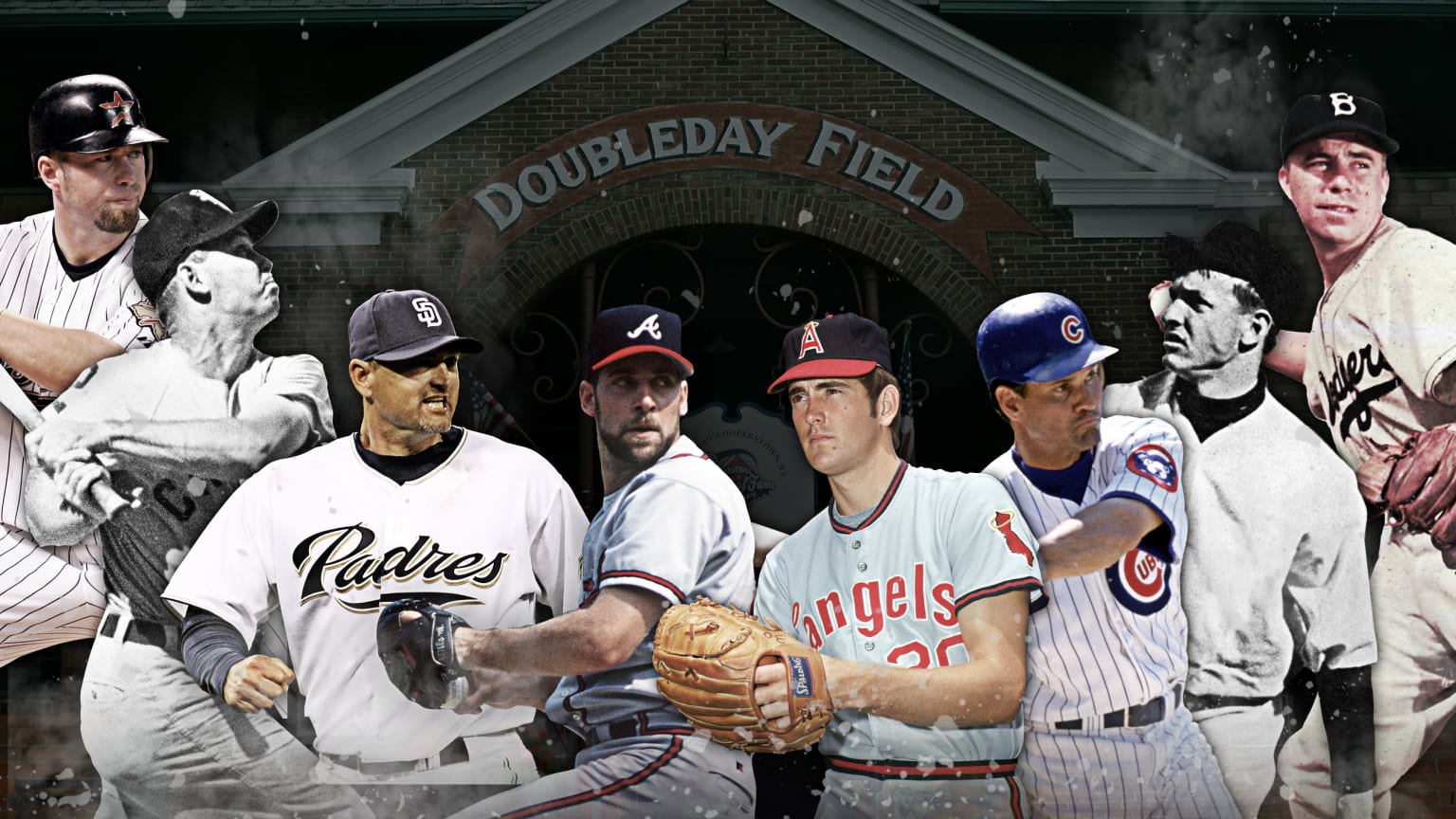 A photo illustration shows eight Hall of Fame players in front of Doubleday Field in Cooperstown