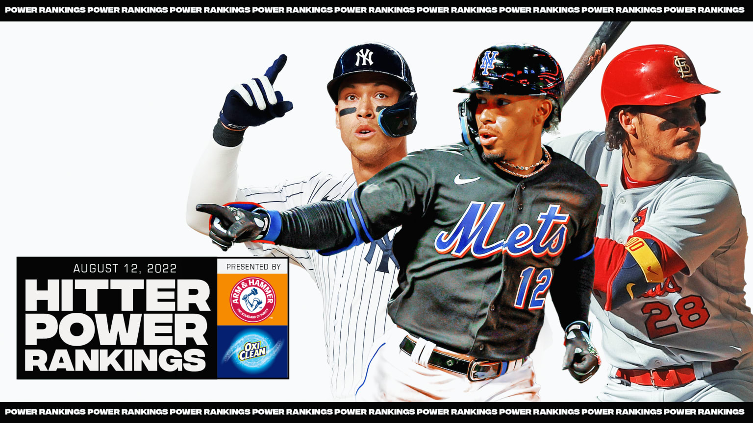 The words HITTER POWER RANKINGS appear in the lower left corner, followed by images of Aaron Judge, Francisco Lindor and Nolan Arenado