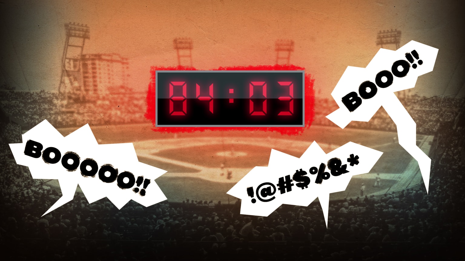 A photo illustration shows a digital clock with a baseball stadium in the background