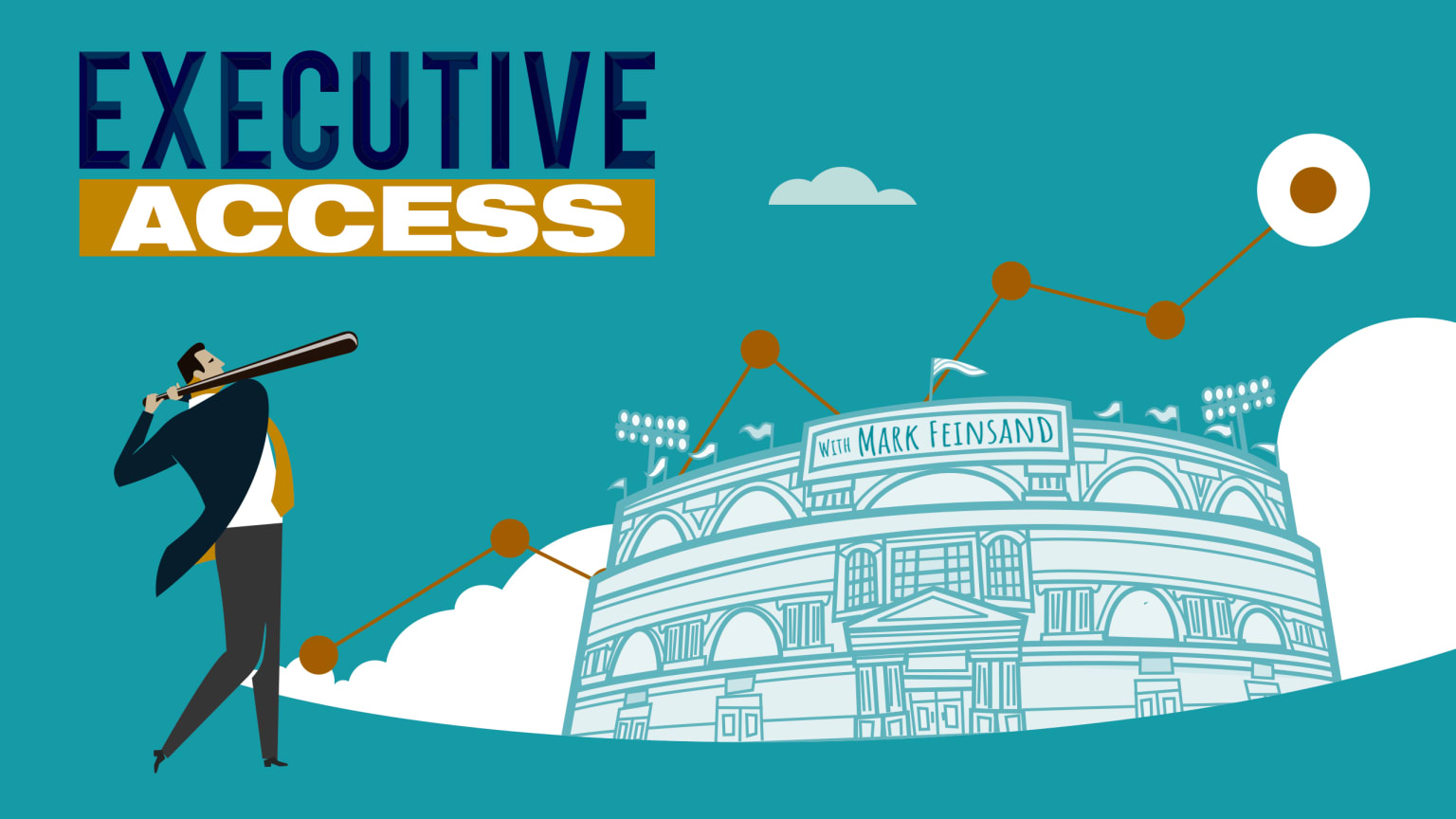 An illustration of a man in a suit swinging a bat beneath the words ''Executive Access,'' next to the exterior of a ballpark