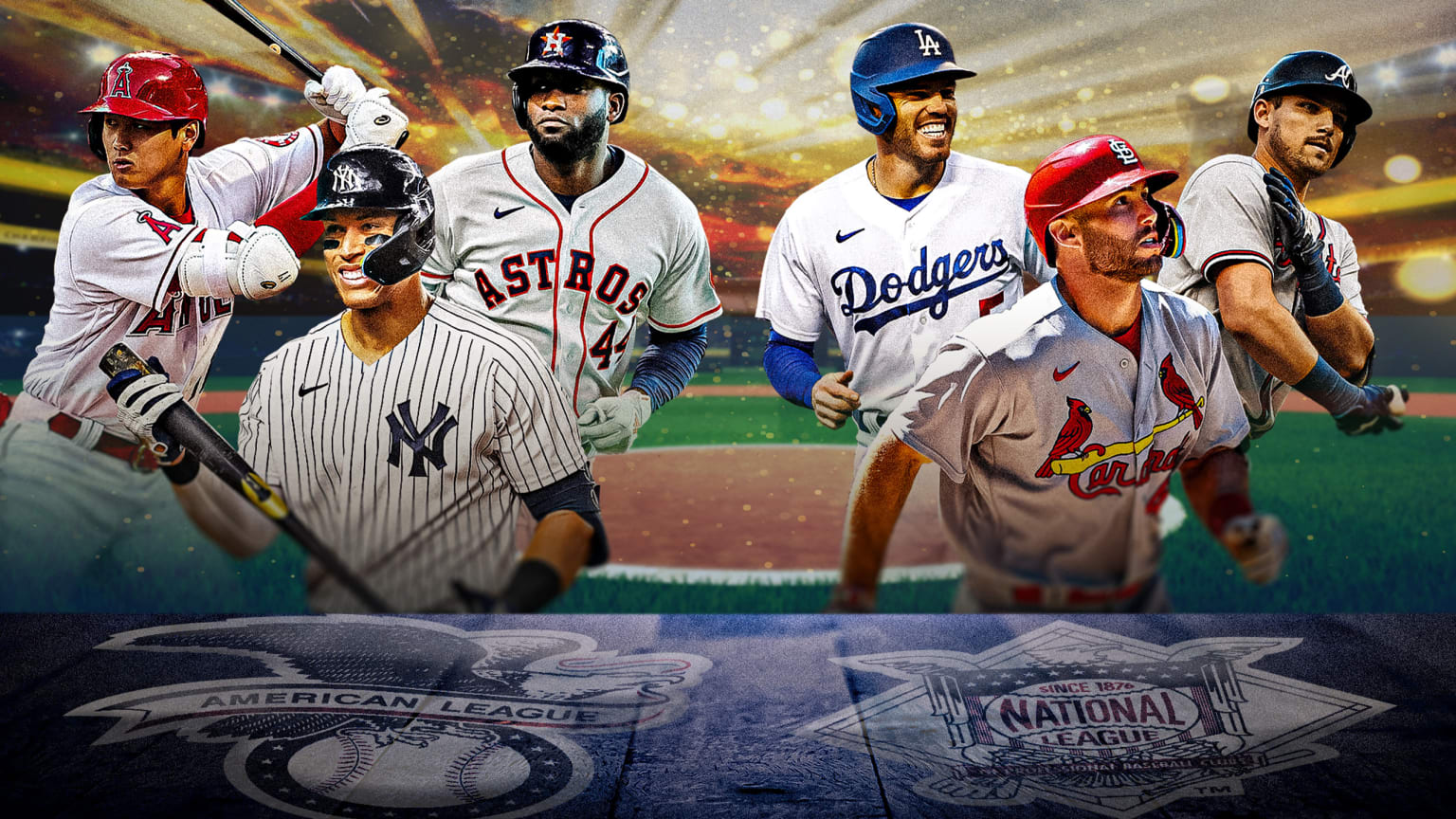 3 AL MVP candidates on the left side and 3 NL MVP candidates on the right side, with league logos beneath each group and a baseball field view as a background