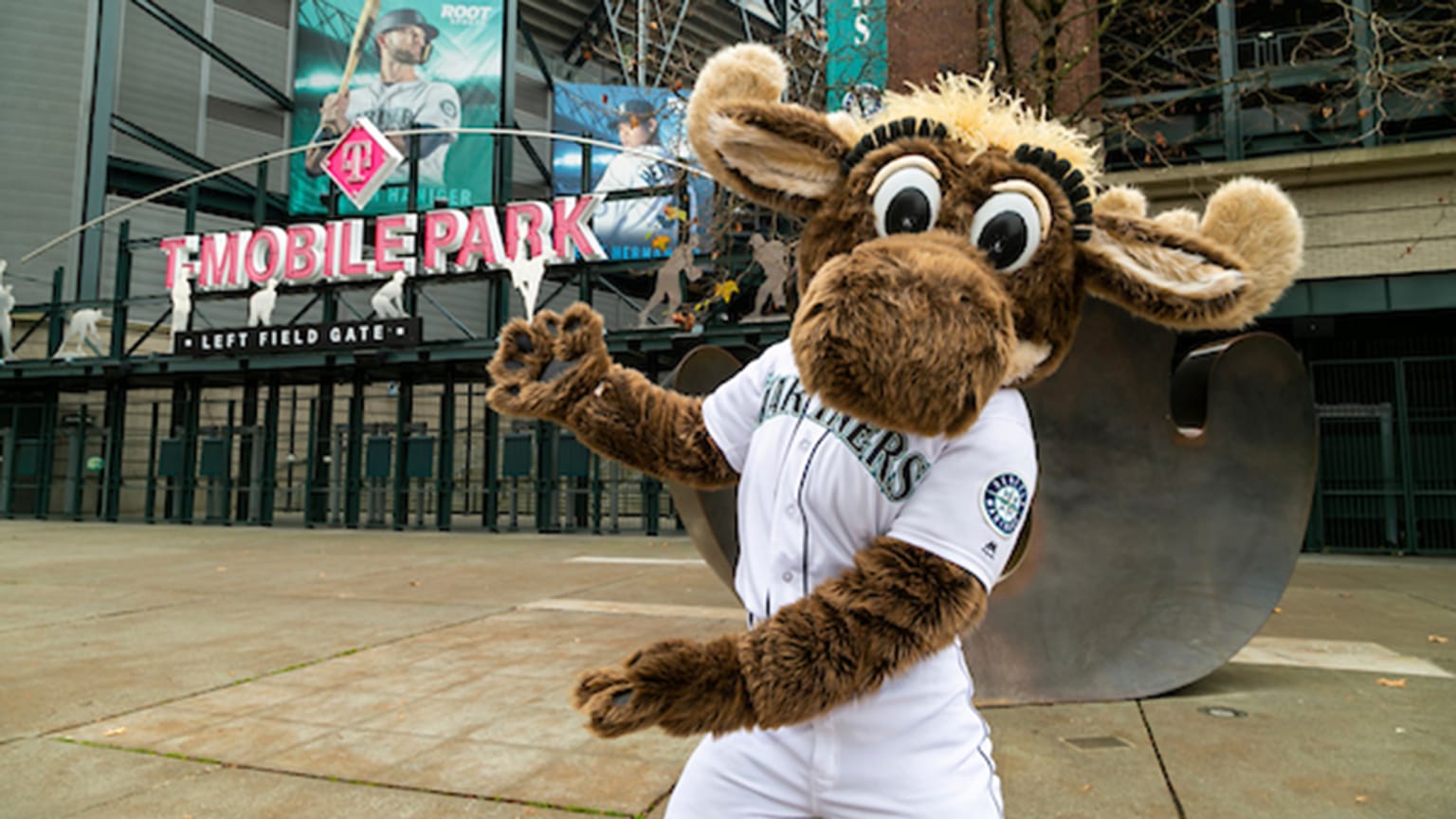 Moose, the Seattle Mariners mascot, wears a mask as he holds a sign that  reads Believe before a baseball game against the Los Angeles Angels,  Friday, Oct. 1, 2021, at T-Mobile Park