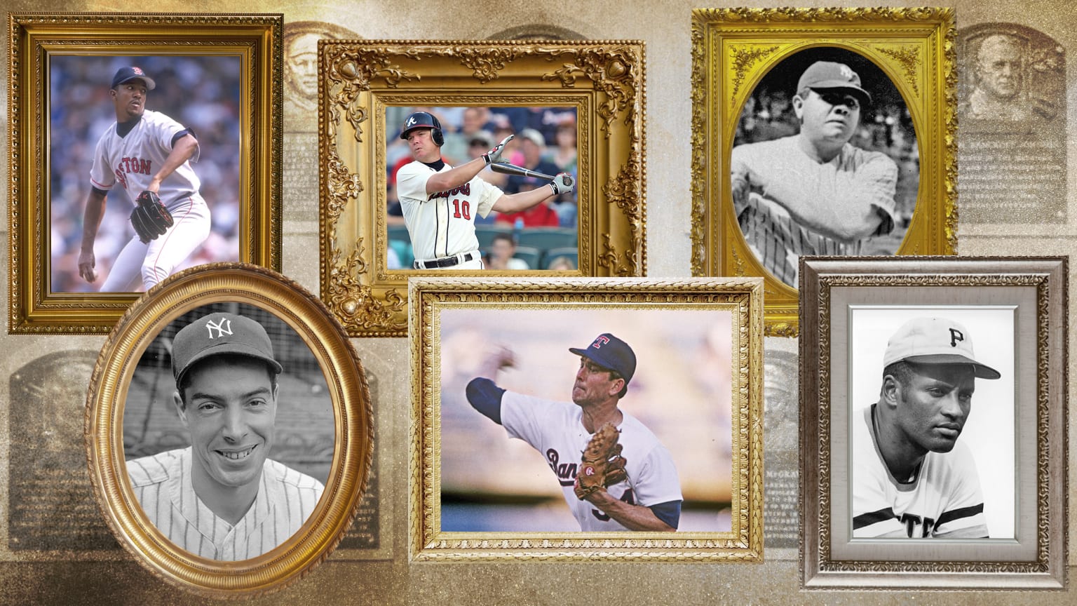 A montage of various Hall of Famers in framed pictures