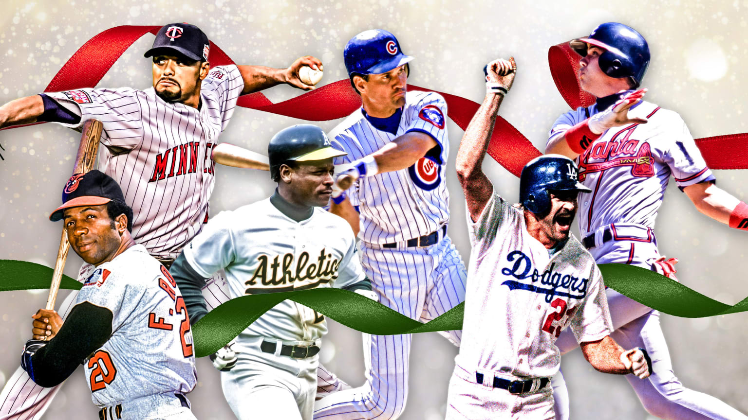 A photo montage of the Orioles' Frank Robinson, the A's Rickey Henderson, the Dodgers' Kirk Gibson, the Braves' Chipper Jones, the Cubs' Ryne Sandberg and the Twins' Johan Santana