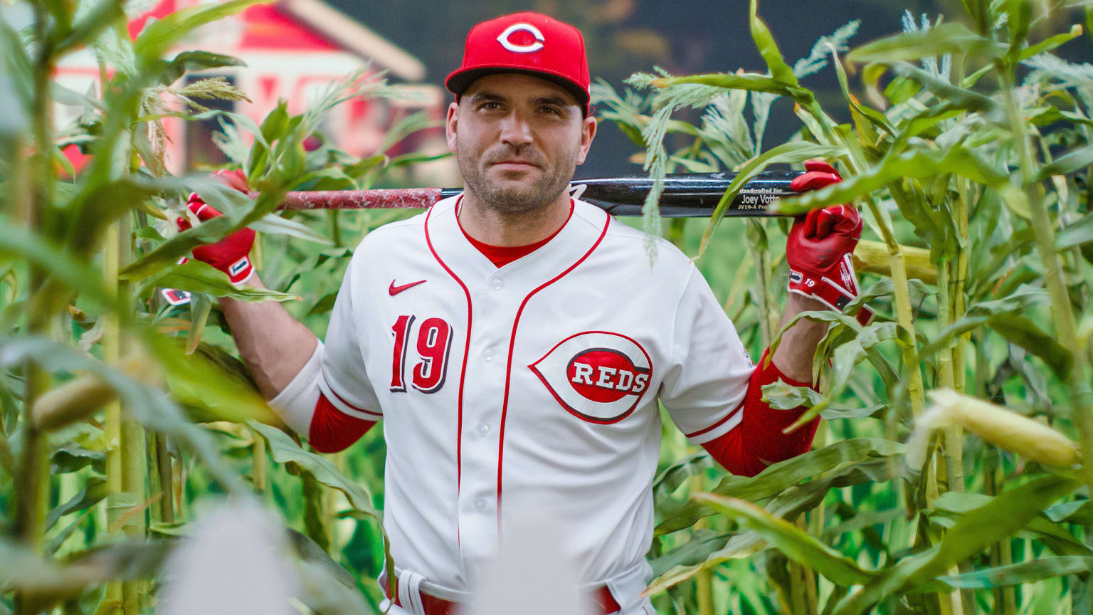 Joey Votto, in full Reds uniform, stands in a cornfield with a bat across his shoulders