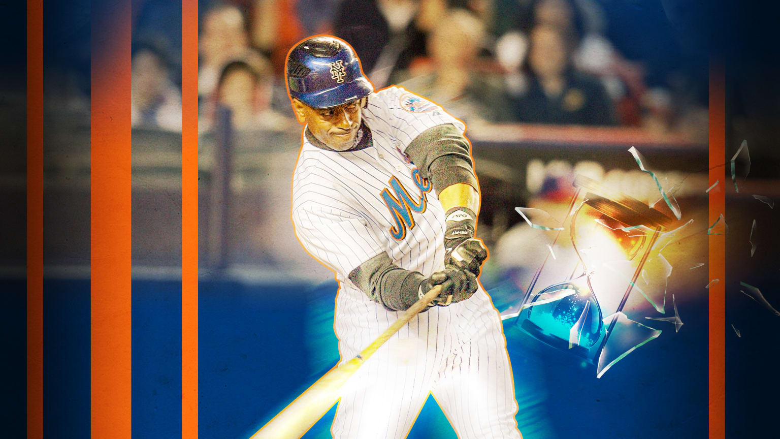 A photo illustration shows Julio Franco swinging a bat at an hourglass