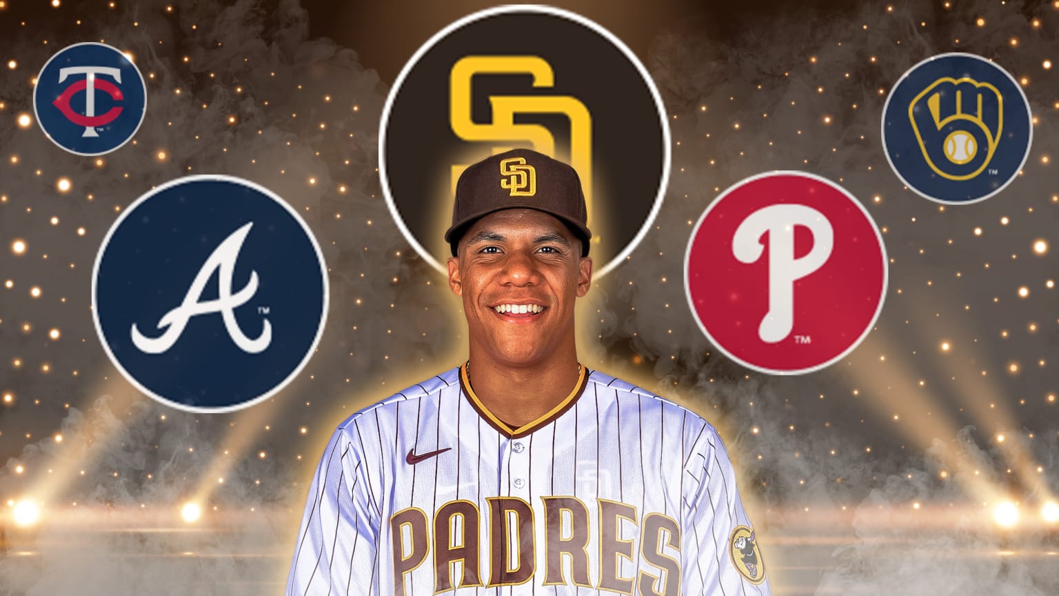Juan Soto, smiling, in a Padres uniform and a Padres logo behind his head. Logos of the Twins, Braves, Phillies and Brewers are arranged in circles, all over a background of spotlights and fog