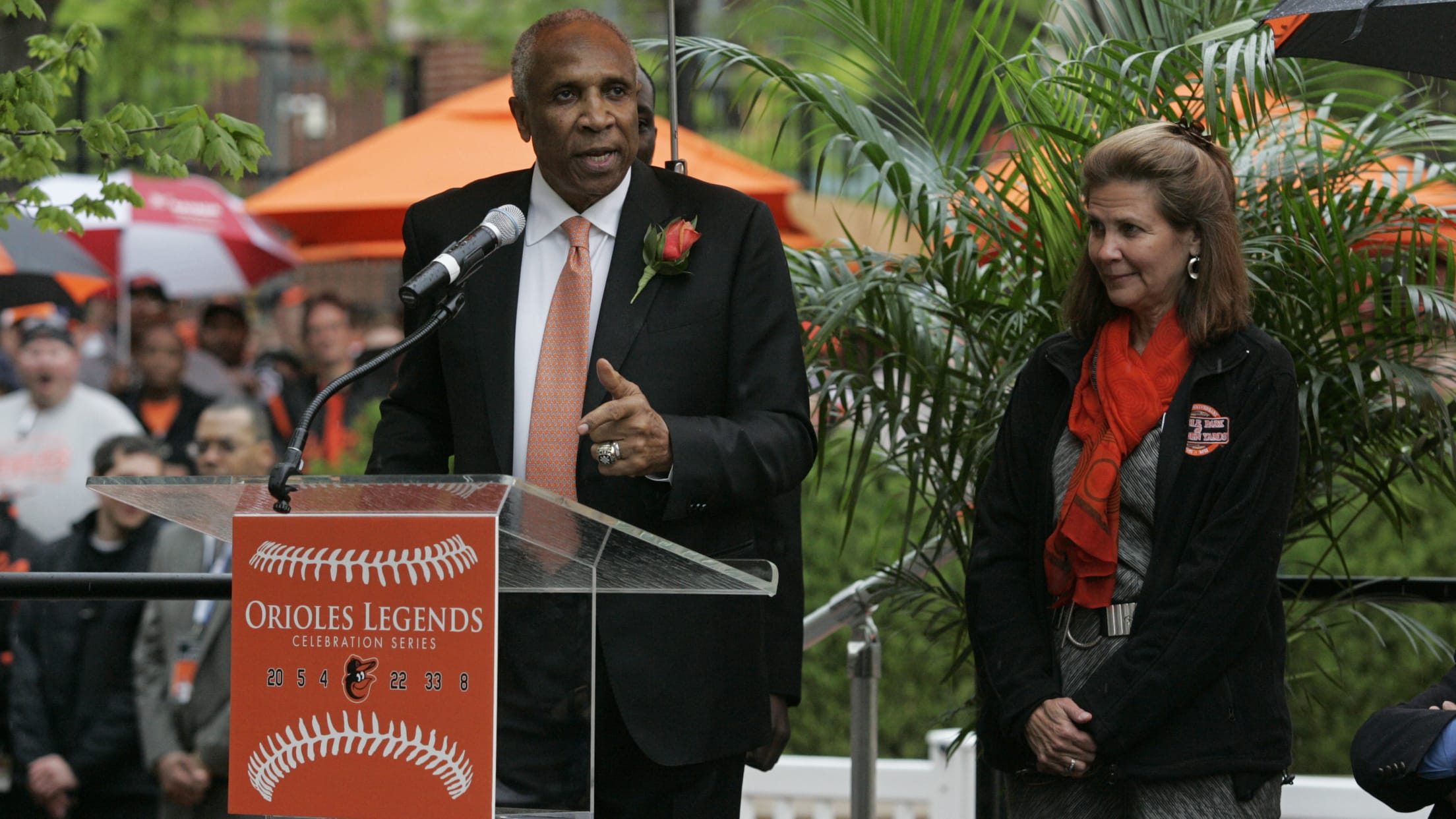 Wife of former Baltimore Oriole Frank Robinson Barbara, center, and  daughter Nichelle, right, wipe tears during a memorial ceremony before the  Baltimore Orioles and New York Yankees baseball game, Saturday, April 6