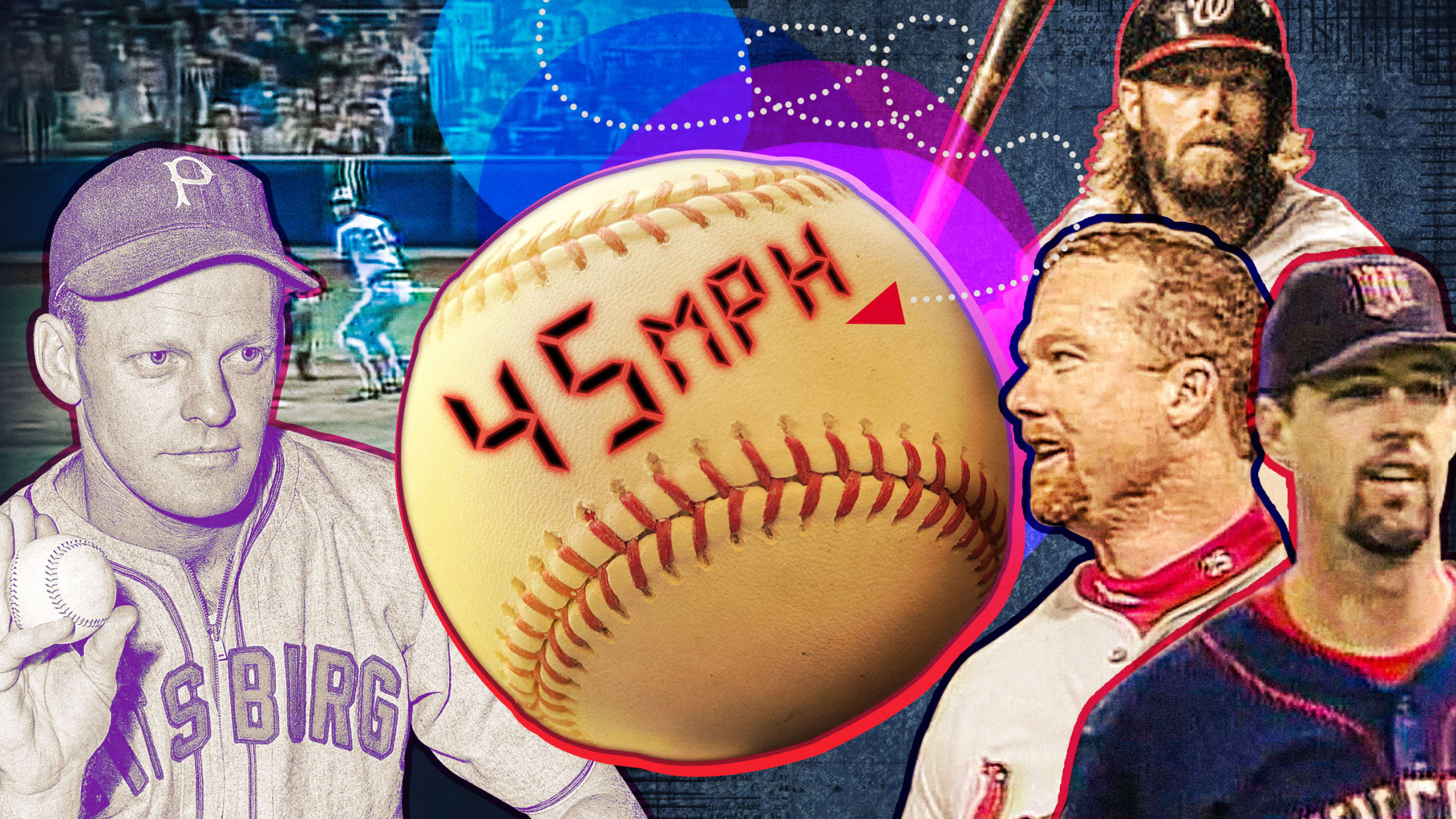 A photo illustration shows players around a baseball with 45 MPH on it 