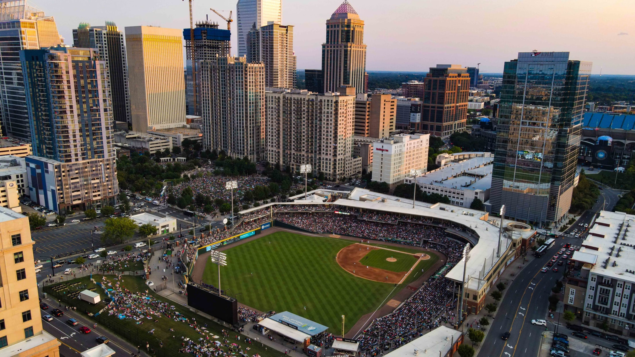 Charlotte Knights Baseball Stadium Aerial with Skyline