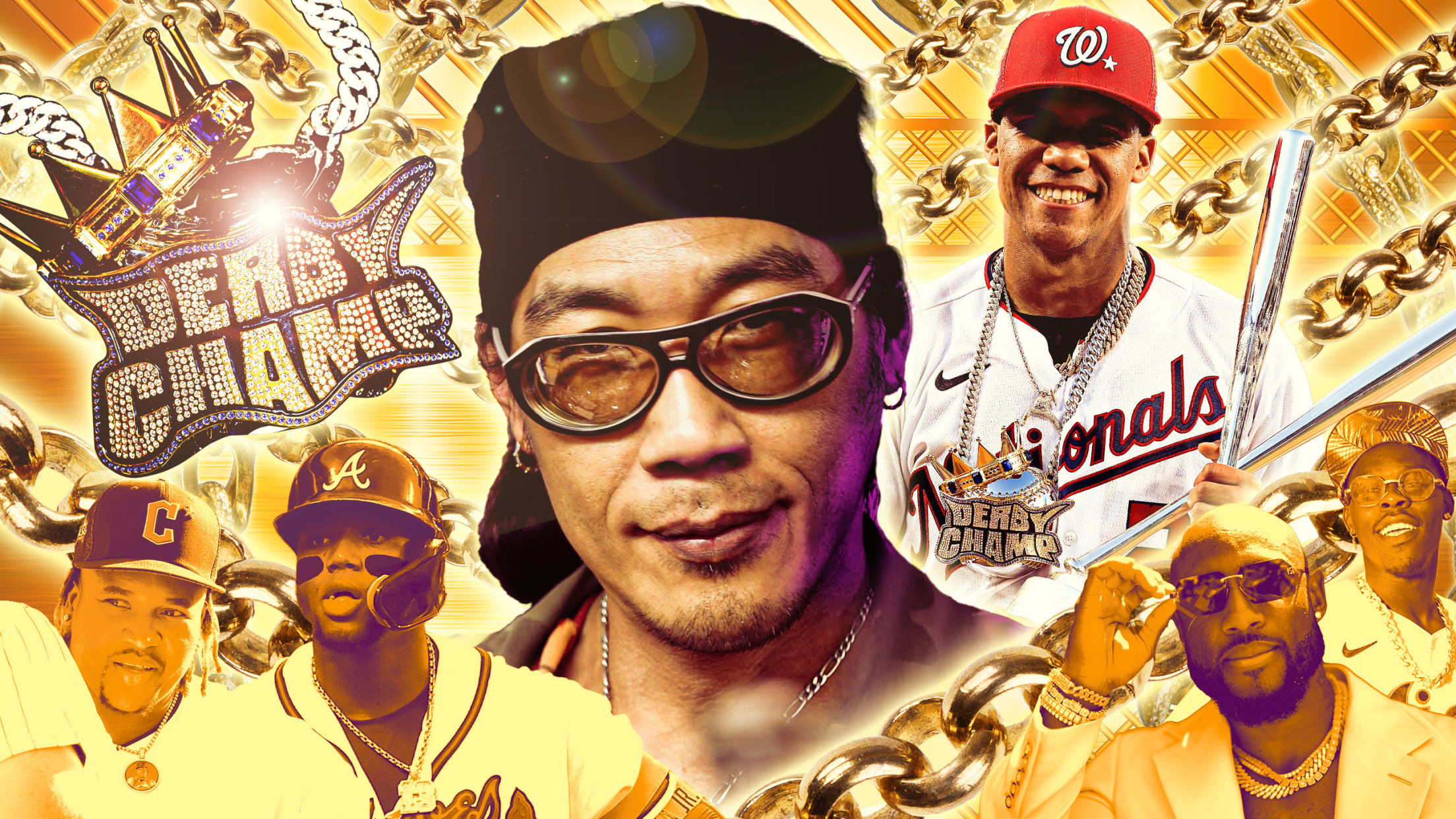 A graphic image of designer Kenny Hwang surrounded by gold jewelry and several baseball players wearing elaborate necklaces