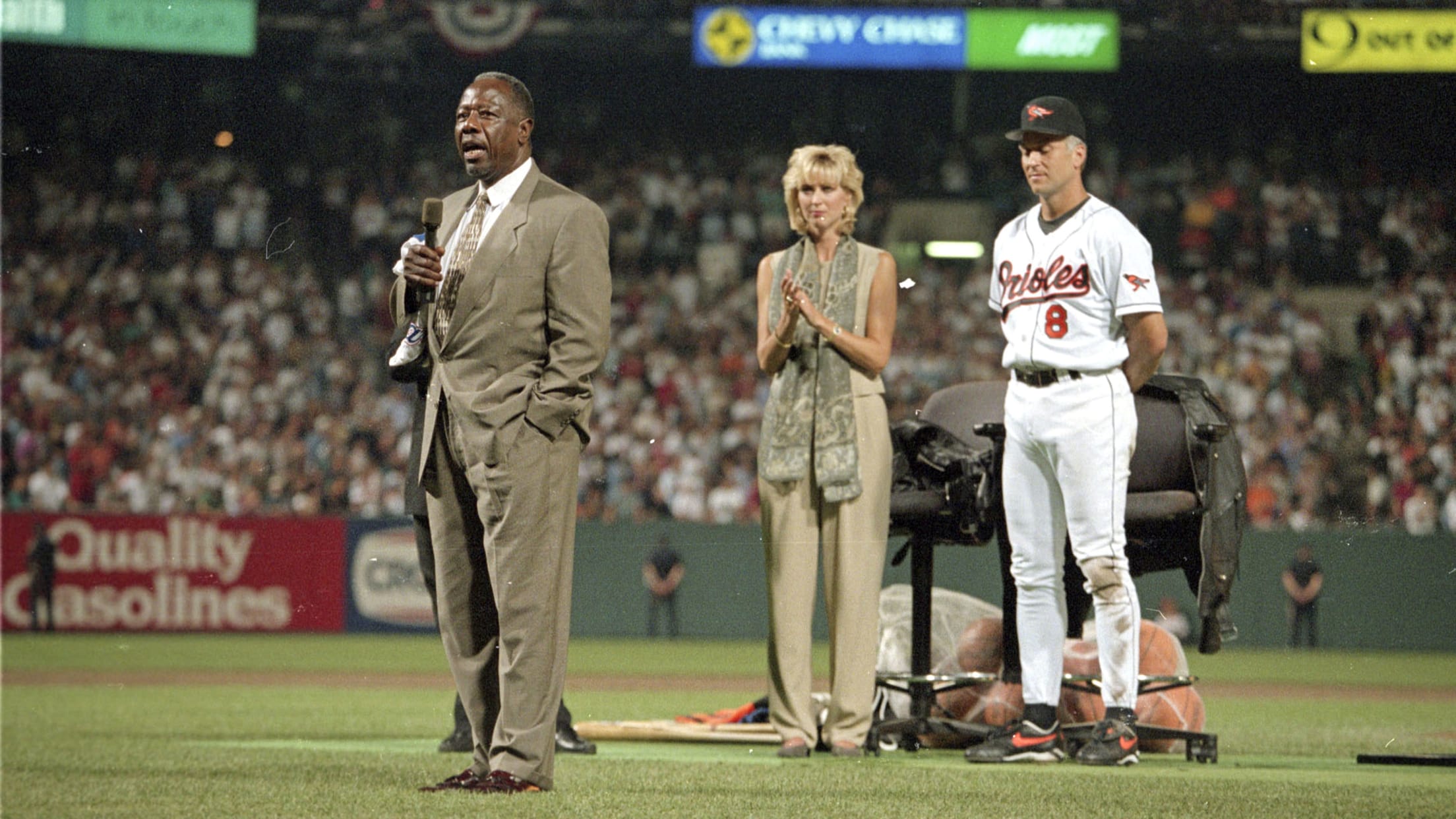 Rocker Joan Jett serves as an honorary bat girl during the Baltimore Orioles  reunion game against the Philadelphia Phillies, Sunday, June 29, 2003, at  Camden Yards in Baltimore. The two teams played in the 1983 World Series.  (AP Photo/Nick Wass Stock