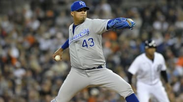 April 30 2022: Kansas City pitcher Carlos Hernandez (43) throws a pitch  during the game with New York Yankees and Kansas City Royals held at  Kauffman Stadium in Kansas City Mo. David