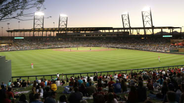 Members of the Colorado Rockies team stand at attention for the American  national anthem at a spring training major league baseball game at Salt  River Fields stadium in Scottsdale, Arizona - LOC's