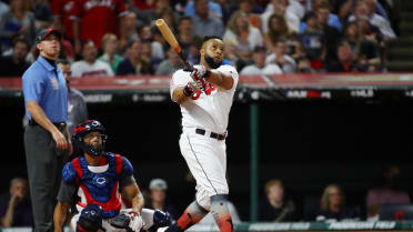 11 July 2015: Cleveland Indians First base Carlos Santana (41) [7519] round  the bases after hitting a 2-run home run during the eighth inning of the  game between the Oakland Athletics and