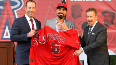 Anthony Rendon and his wife, Amanda Rendon tend to their daughter, Emma  Rendon, during a news conference to introduce the player as the newest Los  Angeles Angels baseball player in Anaheim, Calif.