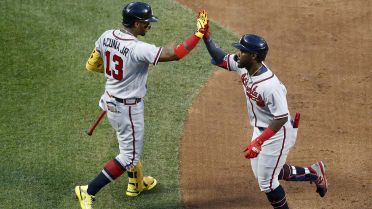 Venezuela's Ronald Acuna Jr. runs as he flies out during the first inning  of an exhibition baseball game against the New York Mets, Thursday, March  9, 2023, in Port St. Lucie, Fla. (