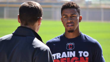 Cleveland Indians Francisco Lindor does some glove work during fielding  drills at spring training in Goodyear, Arizona.…