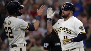 Milwaukee, WI, USA. 5th July, 2022. Milwaukee Brewers first baseman Rowdy  Tellez #11 celebrates his two-run home run during MLB game between the  Chicago Cubs and the Milwaukee Brewers at American Family