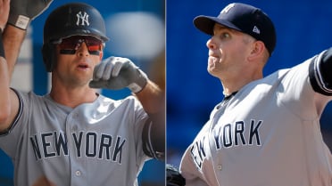 Bronx, USA. 04th Oct, 2019. New York Yankees Aaron Judge, Brett Gardner and Giancarlo  Stanton stand together in the outfield during pitcher change in the 5th  inning against the Minnesota Twins in