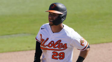 Pat Valaika of the Baltimore Orioles reacts after striking out