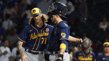 Josh Hader 2019 Game-Used Navy Ball & Glove Jersey - 9th Save (05/05/19) &  27th Save (08/31/19)