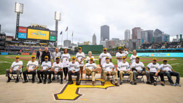 Catcher Manny Sanguillen a member of the 1971 World Champion Pittsburgh  Pirates, takes part in a celebration of the 50th anniversary of the  championship season before of a baseball game between the Pittsburgh  Pirates and the New York Mets in