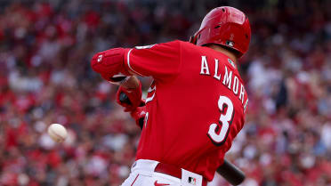 Albert Almora Jr of the Cincinnati Reds battles for a foul ball