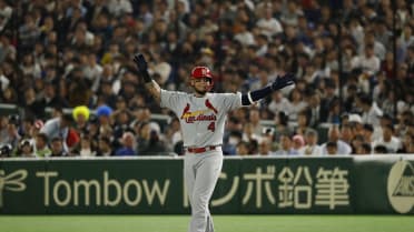 Yadier Molina, catcher of the St. Louis Cardinals throws on a pick off  attempt in the ninth inning against Japan's national team of the Japan  All-Star Series 2018 at Tokyo Dome in