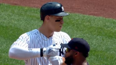 New York Yankees' starting pitcher CC Sabathia (52) laughs and smiles with  Yankees' left fielder Brett Gardner who nade a spectacular catch to rob the  Tampa Bay Rays of a home run