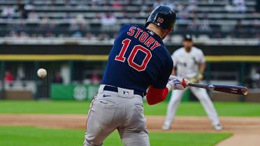 Boston Red Sox second baseman Trevor Story (10) reacts as he is hit by a  pitch during ninth inning MLB baseball action against Toronto Blue Jays in  Toronto on Wednesday, April 27