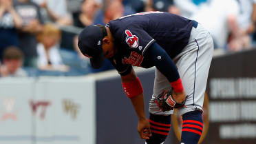 Cleveland Indians shortstop Francisco Lindor commits a fielding error on a  ground ball by New York Yankees' Ronald Torreyes with the bases loaded  during the fifth inning of a baseball game allowing