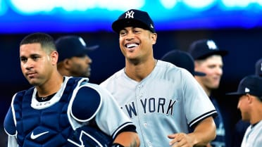 CLEVELAND, OH - APRIL 24: Giancarlo Stanton (27) of the New York Yankees  bats during a game against the Cleveland Indians at Progressive Field on  Apri Stock Photo - Alamy