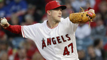 May 26, 2021: Los Angeles Angels starting pitcher Griffin Canning (47)  pitches in relief for the Angels during the game between the Texas Rangers  and the Los Angeles Angels of Anaheim at