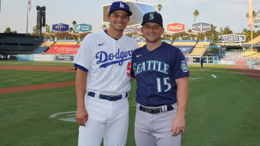 Jody Seager supported both of her sons' teams with a split Dodgers-Mariners  jersey before this weekend