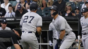 OAKLAND, CA - AUGUST 28: New York Yankees Outfielders Joey Gallo (13), Aaron  Judge (99), and Giancarlo Stanton (27) talks during the MLB game between  the New York Yankees and the Oakland