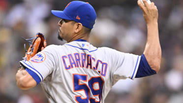 Carlos Carrasco #59 - Game Used Jackie Robinson Day Jersey and Hat Combo -  5 IP, 2 ER, 3 K's - Mets vs. Athletics - 4/15/23