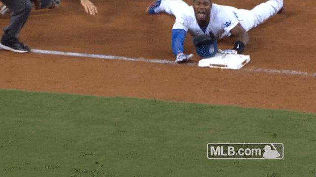 Dodgers' Yasiel Puig launches himself tongue-first into October baseball