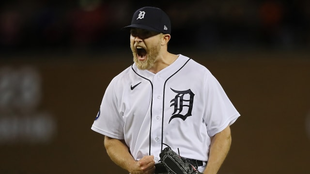 Detroit Tigers relief pitcher Will Vest hugs catcher Tucker