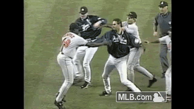 Tino Martinez gets plunked, leading to a massive brawl between the