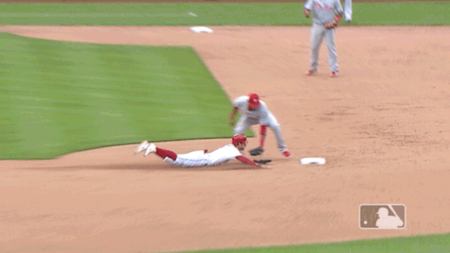A close-up of Pedro Florimon's deke attempt in the ninth inning