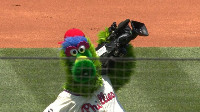 Detail of the Phillie Phanatic sliding mat worn by Bryce Harper of