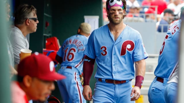 The Phillie Phanatic dressed John Kruk as a gladiator during a broadcast