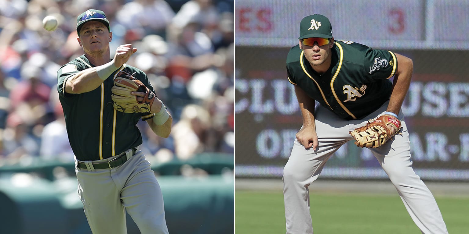 Oakland A's infielders Marcus Semien, Matt Chapman, and Matt Olson