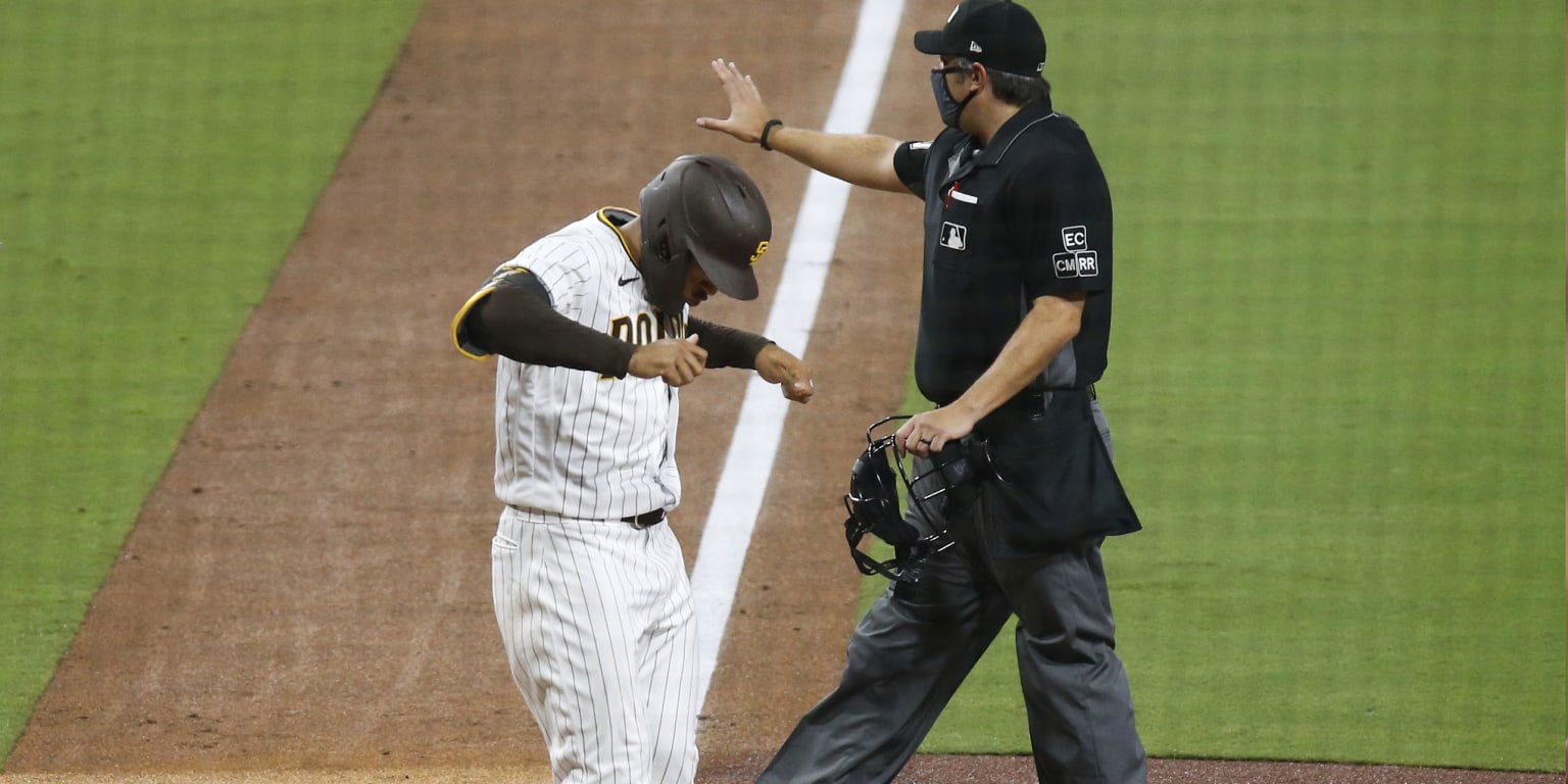 San Diego Padres' Trent Grisham, right, celebrates with teammate Juan Soto  after hitting a two-run home run during the eighth inning of a baseball  game against the Milwaukee Brewers, Thursday, April 13