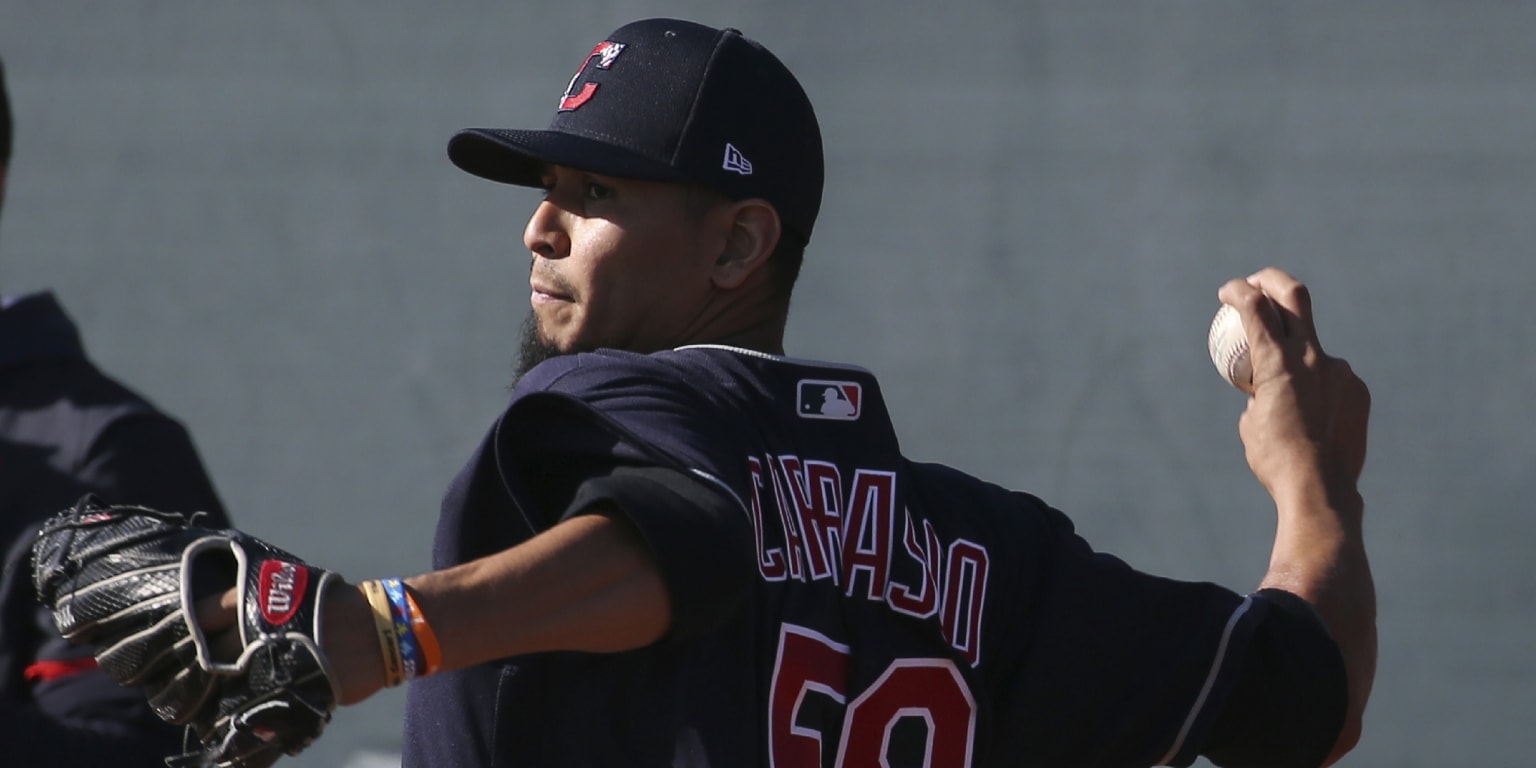 Cleveland Indians pitcher Carlos Carrasco throws live batting