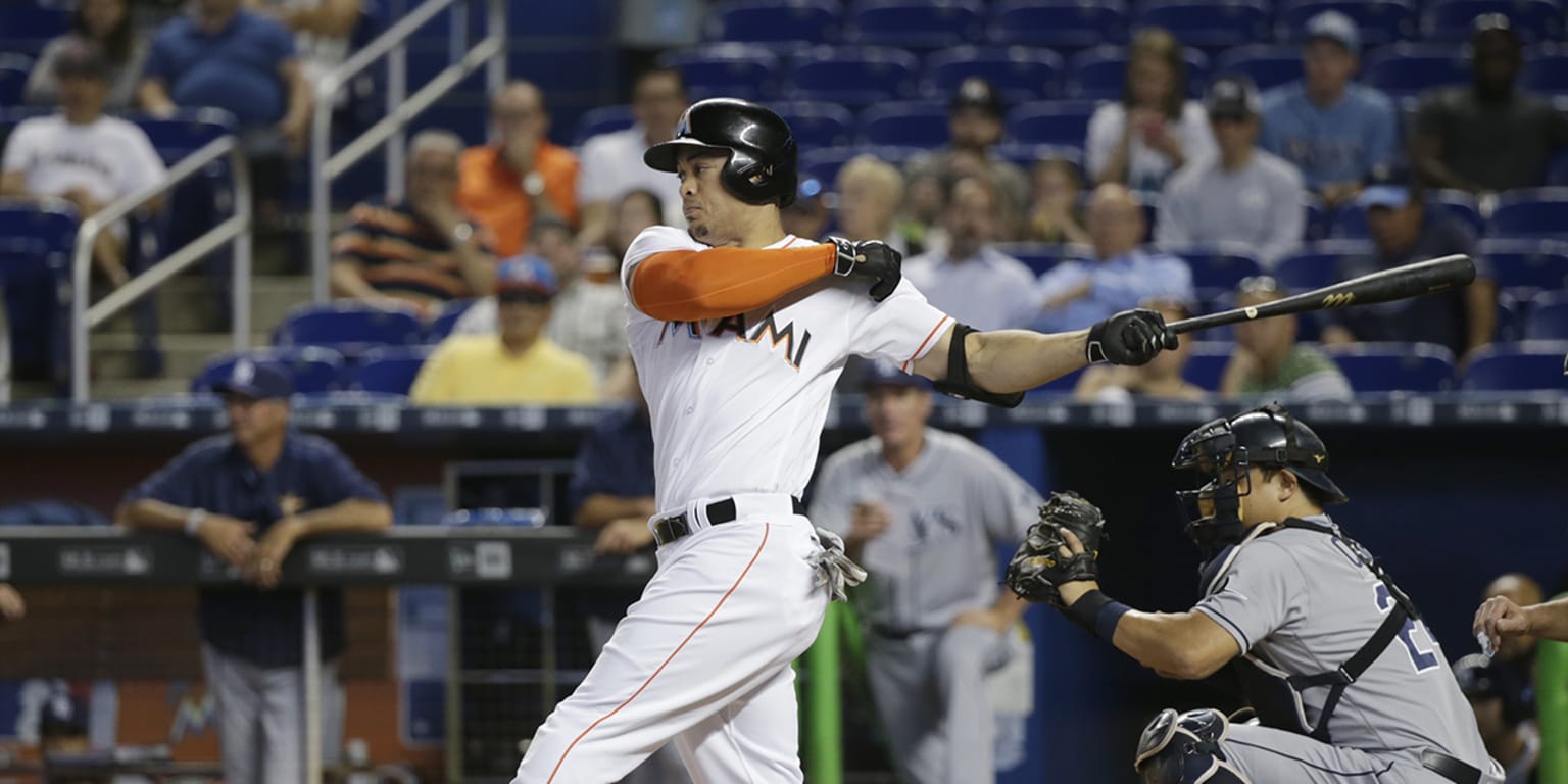 Stanton Hit Marlins' Giancarlo Stanton hit with team