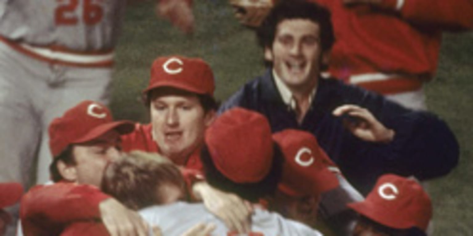 Pete Rose drives in a run in Game 7 of the 1975 World Series 