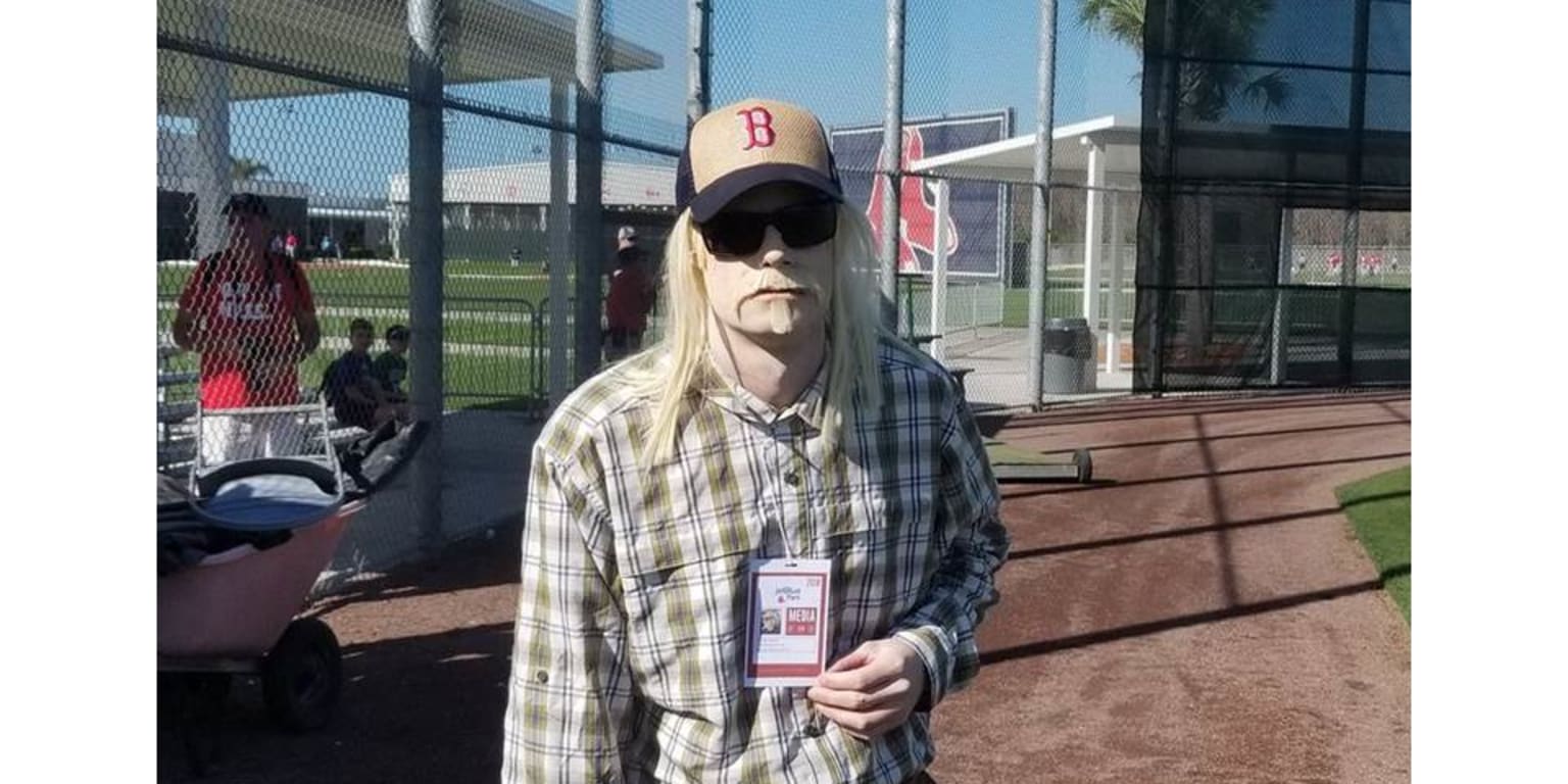 Joe Kelly dressed up as a fake baseball reporter at Red Sox camp